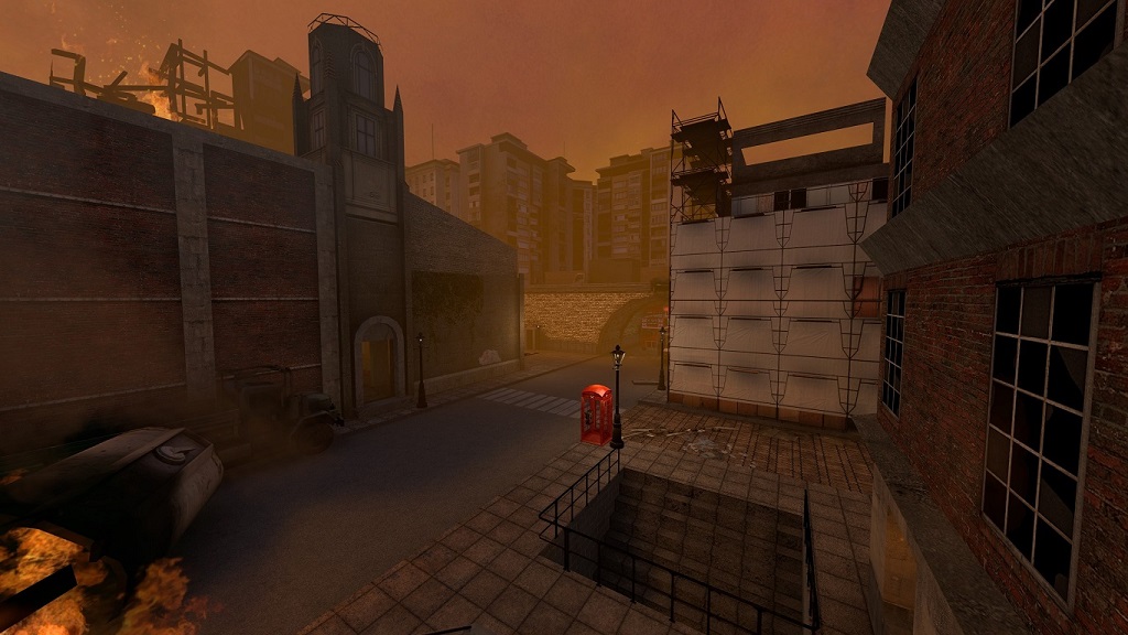 Alternate view of the burning London street with a highway overpass in the background and a burning destroyed appartment block